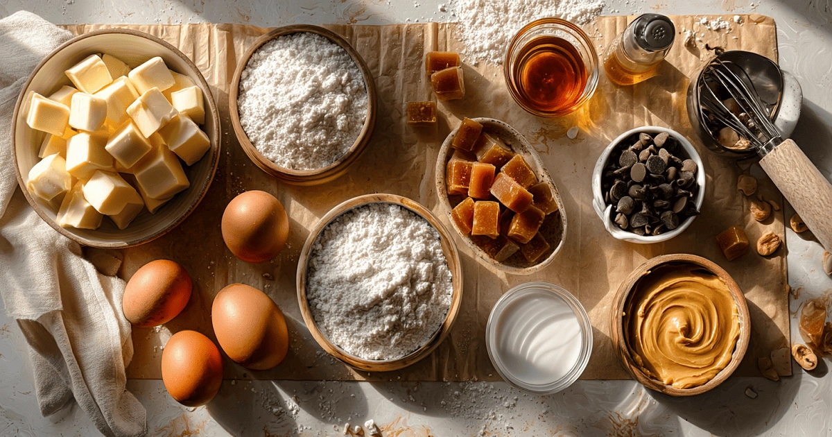 Ingredients for Knock You Naked Bars including flour, butter, peanut butter, eggs, chocolate chips, and brown sugar arranged on parchment paper