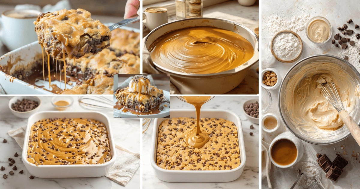 Step-by-step image collage showing Knock You Naked Bars being prepared with cookie dough, caramel swirl, chocolate chips, and finished baked bars