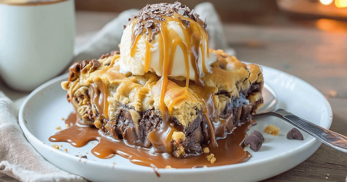 Knock You Naked Bar topped with vanilla ice cream and dripping caramel sauce on a white dessert plate