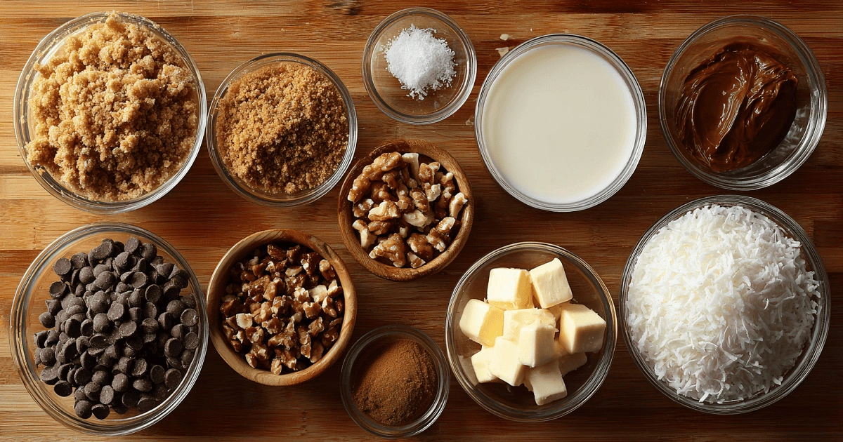 Ingredients for magic cookie bars including chocolate chips, coconut, nuts, sweetened condensed milk, and graham cracker crumbs