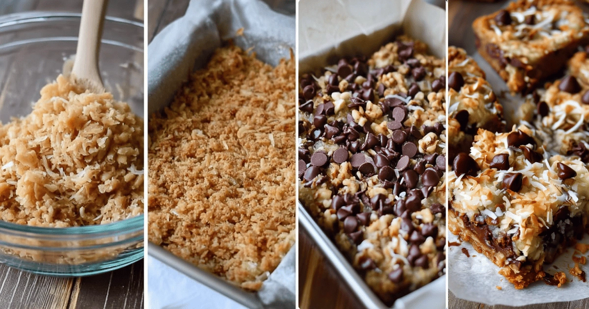 Step-by-step process of making magic cookie bars including crust preparation, layering ingredients, baking, and sliced finished bars