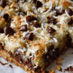 Magic cookie bars with chocolate chips, toasted coconut, and buttery graham cracker crust