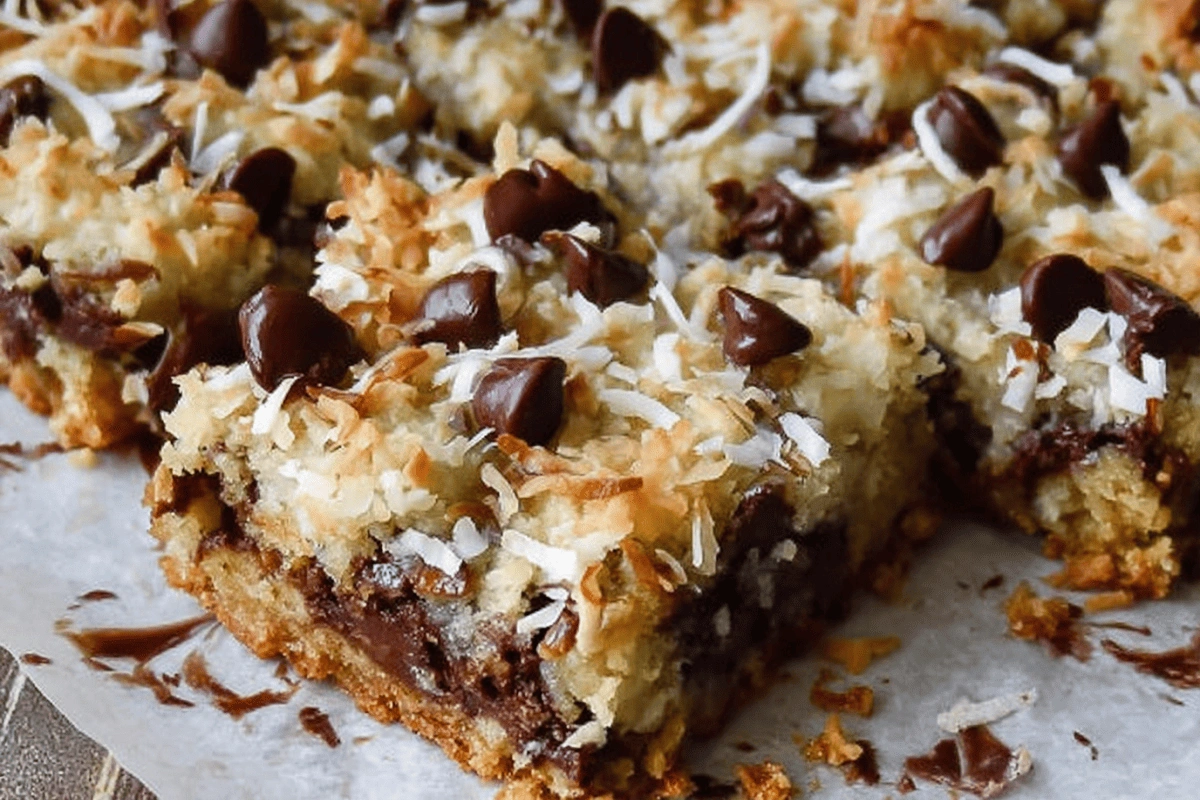 Magic cookie bars with chocolate chips, toasted coconut, and buttery graham cracker crust