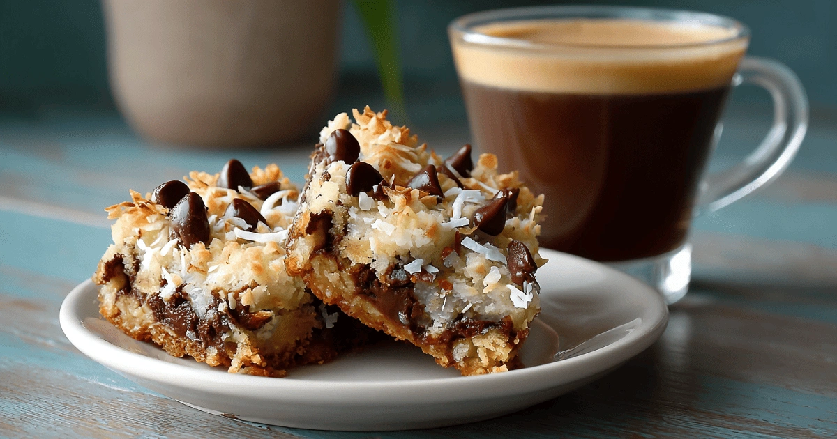 Magic cookie bars with chocolate chips and coconut served on a plate with a cup of coffee