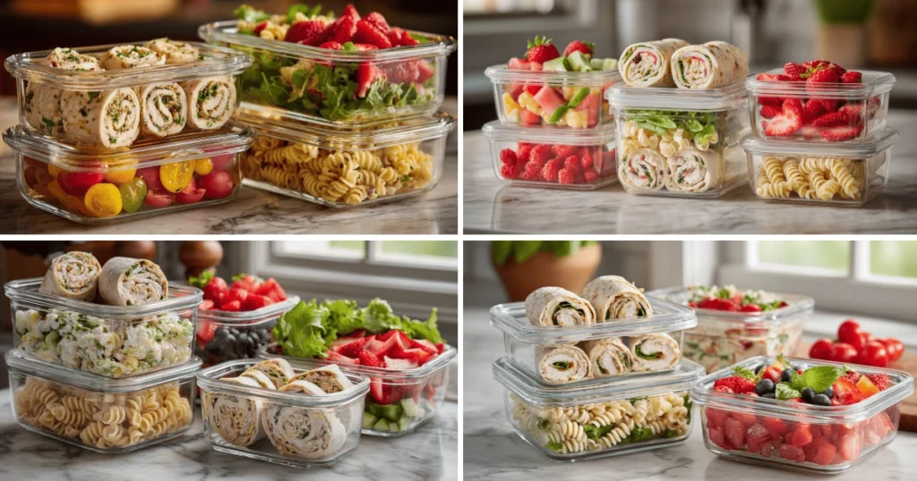 Make ahead school lunch ideas with wraps, pasta salads, fruits, and vegetables in meal prep containers