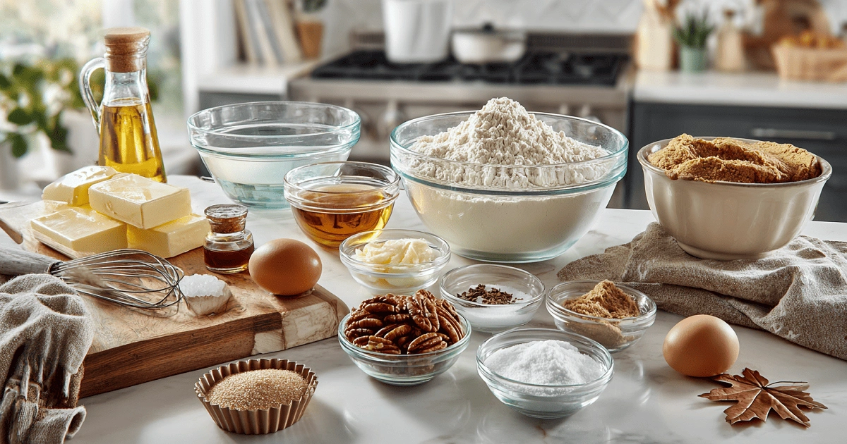  Ingredients for maple brown sugar cookies including butter, flour, maple syrup, brown sugar, pecans, and eggs on a kitchen counter