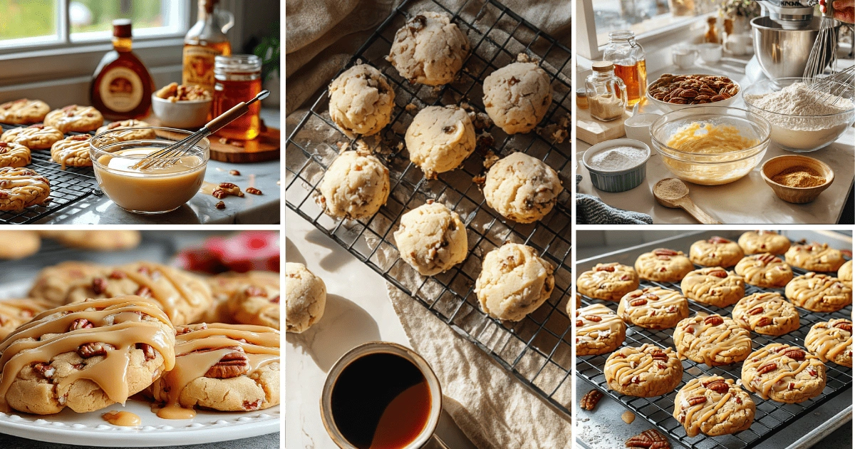 Step-by-step process of making maple brown sugar cookies including ingredients, mixing, baking, and glazed cookies cooling on racks