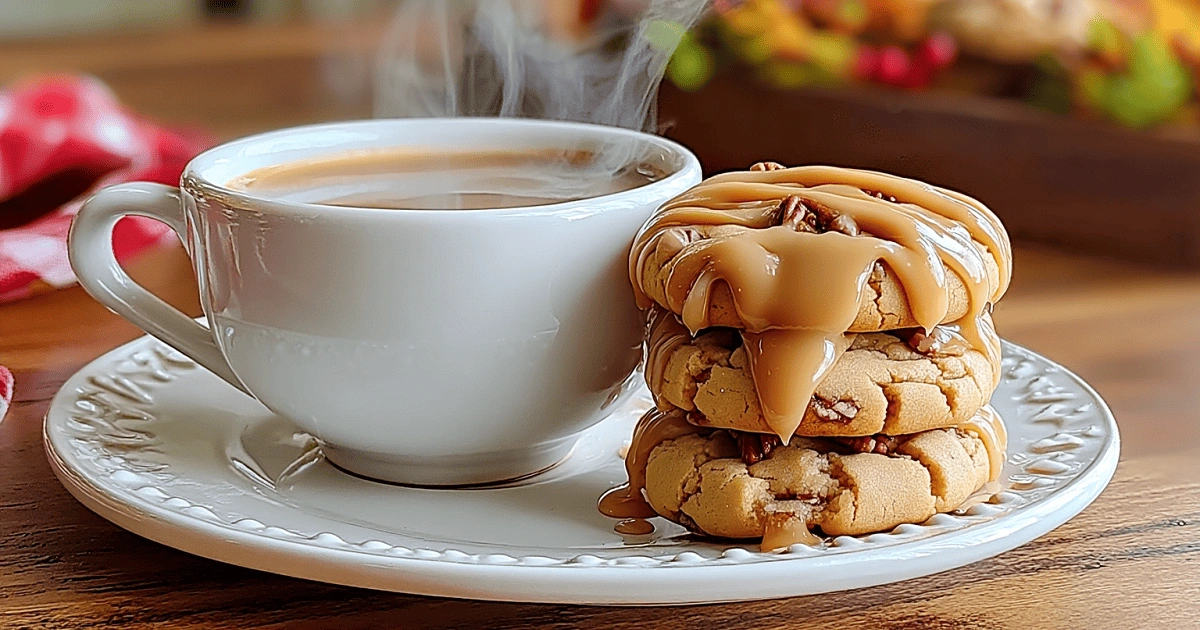 Stack of maple brown sugar cookies with maple glaze beside a steaming cup of coffee on a white plate