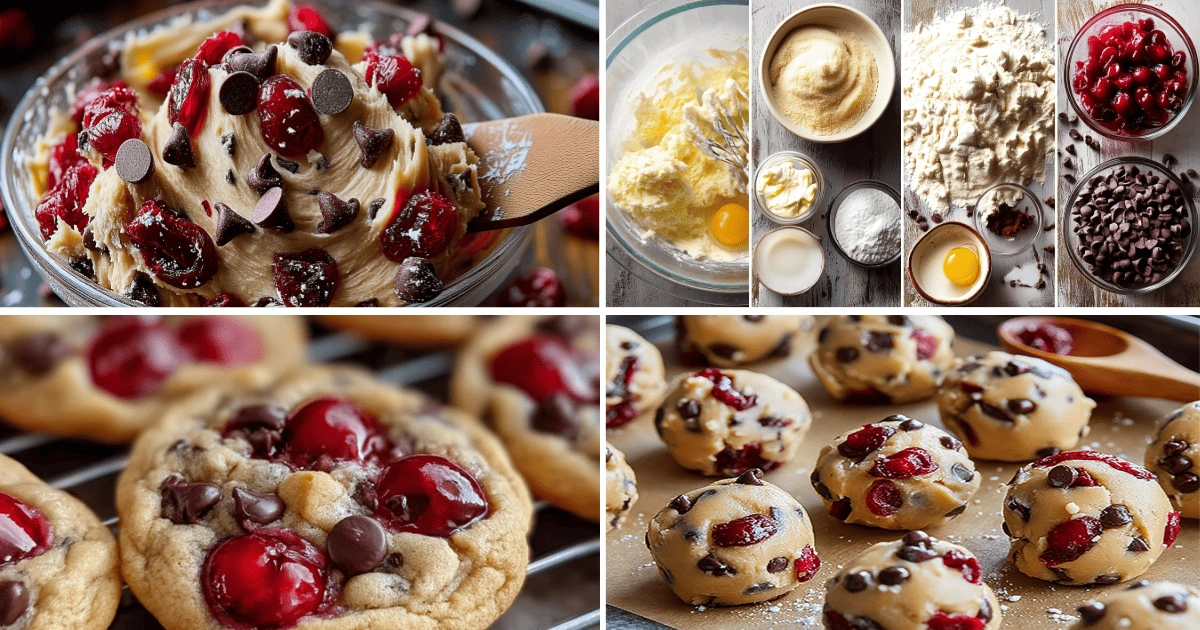 Maraschino Cherry Chocolate Chip Cookies – The Best Festive Pink Treat (2025) 8 Maraschino cherry chocolate chip cookie dough with cherries and chocolate chips being mixed and shaped into dough balls