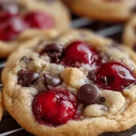 Close-up of maraschino cherry chocolate chip cookies with gooey chocolate and cherries