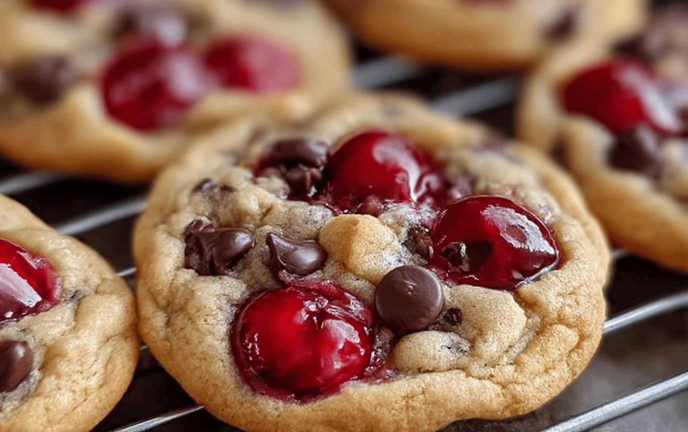 Close-up of maraschino cherry chocolate chip cookies with gooey chocolate and cherries