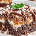 Rich Mississippi Mud Cake slice topped with caramel, chocolate drizzle, and peppermint pieces