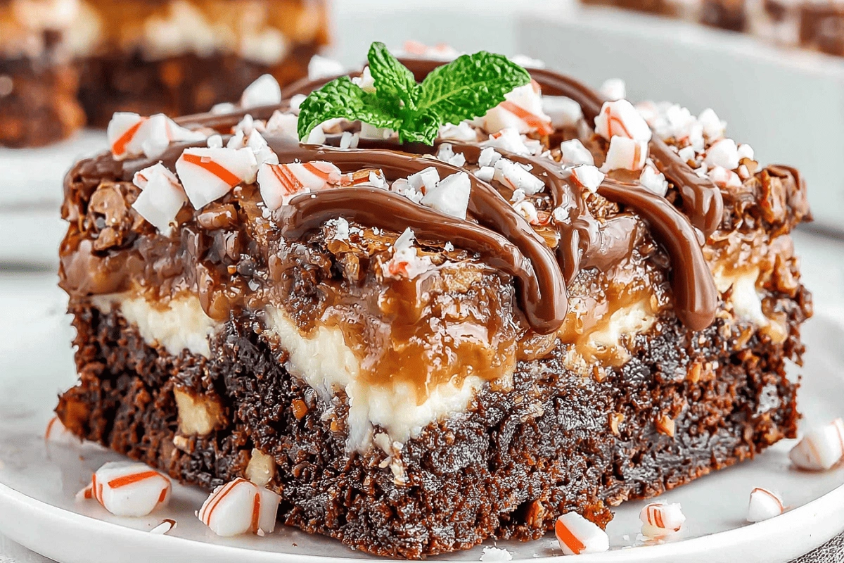 Rich Mississippi Mud Cake slice topped with caramel, chocolate drizzle, and peppermint pieces