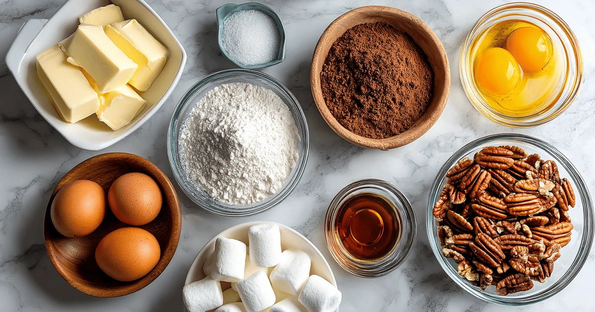 Mississippi Mud Cake ingredients including butter, cocoa, flour, eggs, marshmallows, and pecans on marble countertop