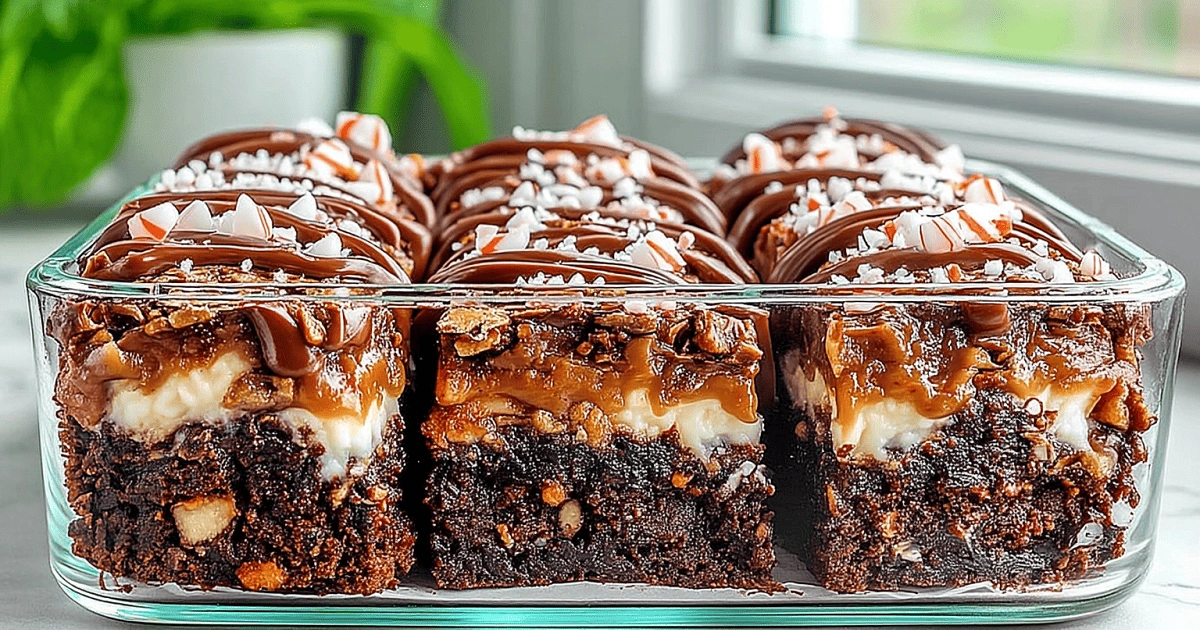 Mississippi Mud Cake slices in a glass dish showing gooey layers of chocolate, marshmallow, and frosting