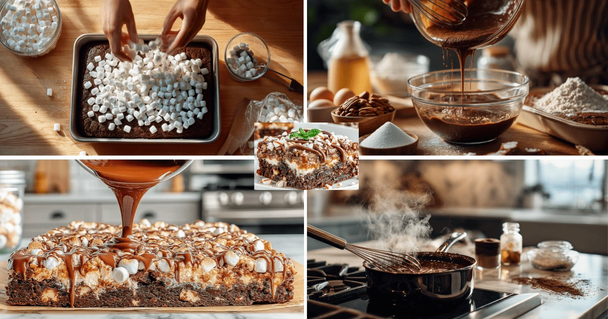 Step-by-step collage showing how to make Mississippi Mud Cake with chocolate batter, marshmallows, and fudge frosting