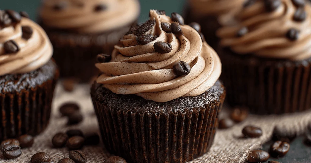 Mocha chocolate cupcake topped with espresso buttercream and coffee beans