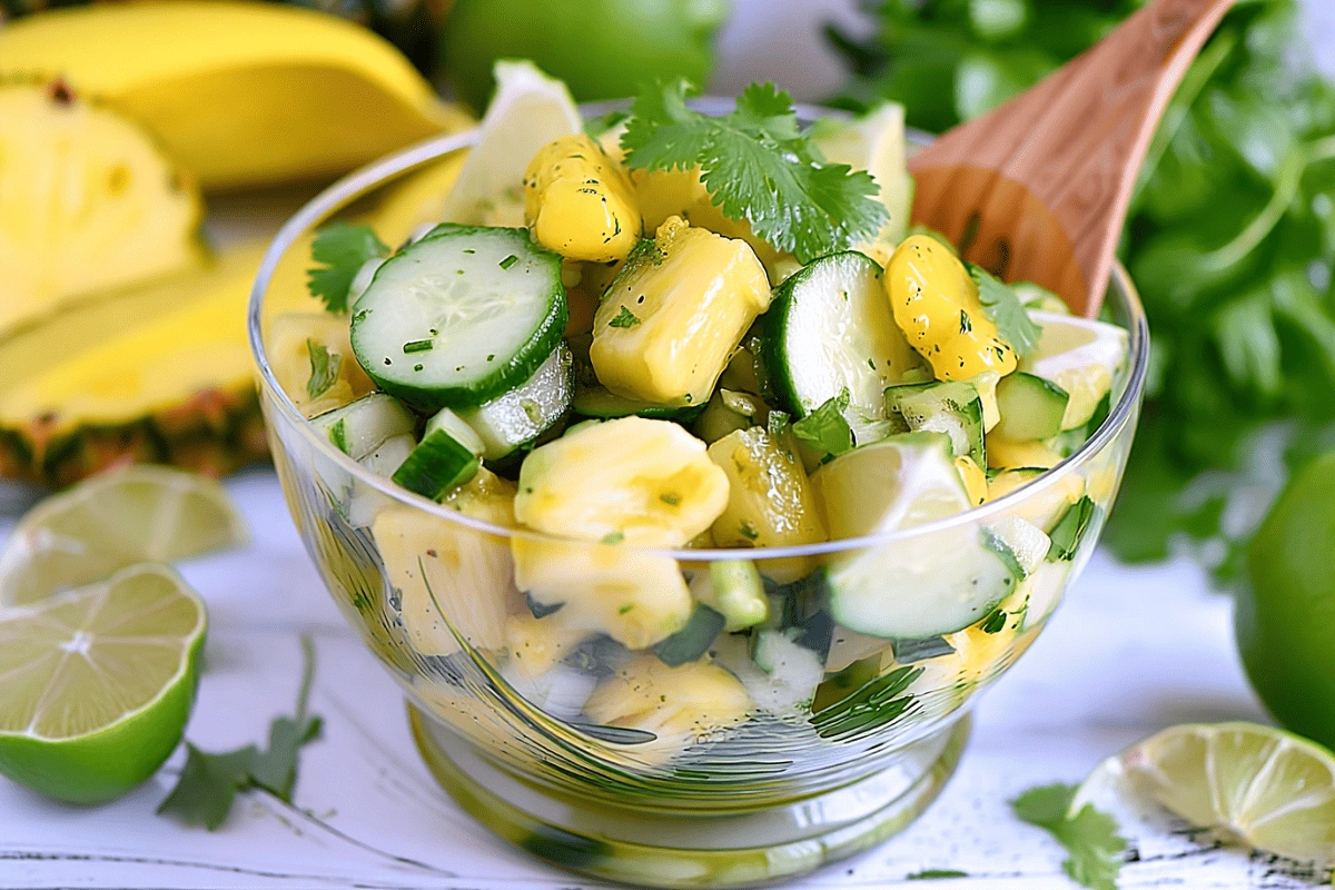 Refreshing pineapple cucumber salad served in a glass bowl with lime and herbs, perfect for summer appetizers