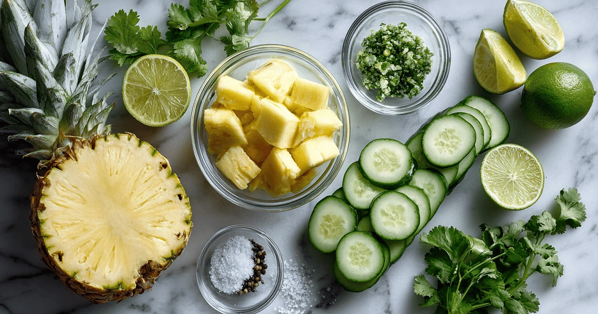 Flat lay of fresh ingredients for pineapple cucumber salad, including chopped pineapple, sliced cucumber, lime, cilantro, and salt on a marble surface