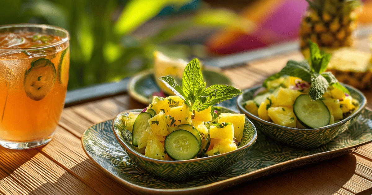 Pineapple cucumber salad served in green patterned bowls with fresh mint garnish, next to a cucumber iced tea on a tropical wooden table