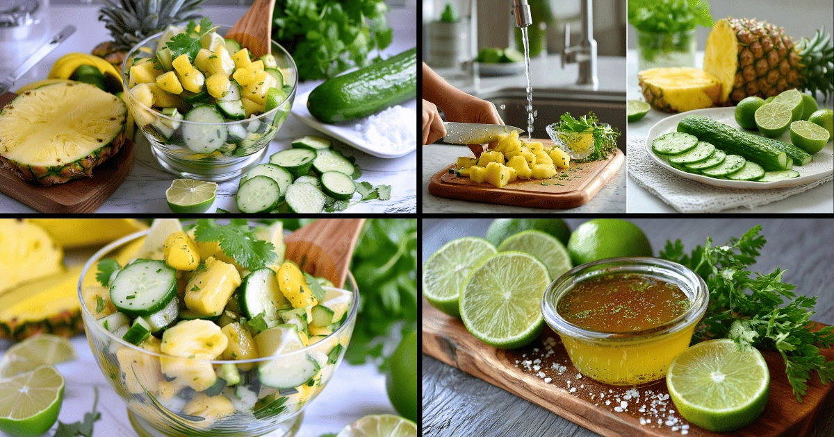 Collage showing step-by-step images for making pineapple cucumber salad, including fresh ingredients, chopping pineapple, mixing cucumber, and lime honey dressing