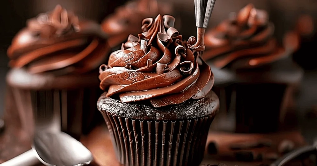 Piping rich chocolate frosting onto super moist chocolate cupcakes