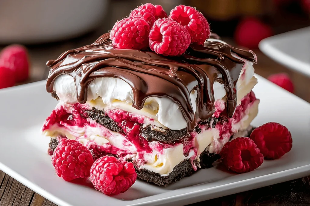 Raspberry Chocolate Lasagna Dessert with Oreo crust, raspberry filling, whipped cream, and chocolate drizzle