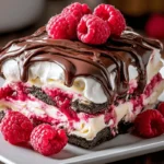 Raspberry Chocolate Lasagna Dessert with Oreo crust, raspberry filling, whipped cream, and chocolate drizzle