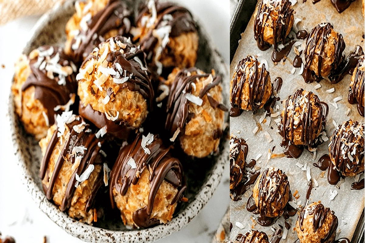 Samoa Cookie Protein Balls no bake healthy snack with coconut and chocolate