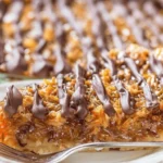 Close-up slice of Samoas Cookie Pie with golden toasted coconut, gooey caramel, and chocolate drizzle