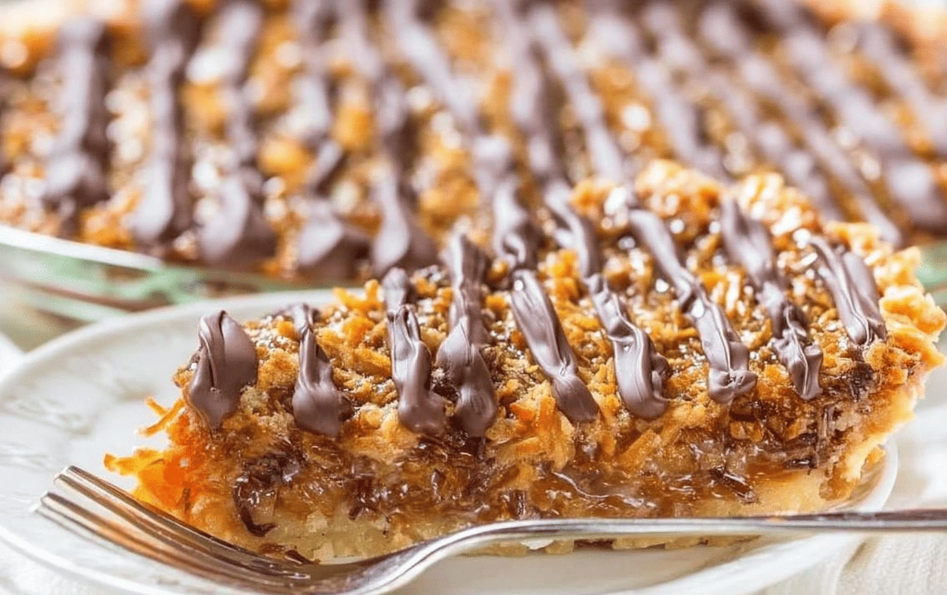 Close-up slice of Samoas Cookie Pie with golden toasted coconut, gooey caramel, and chocolate drizzle