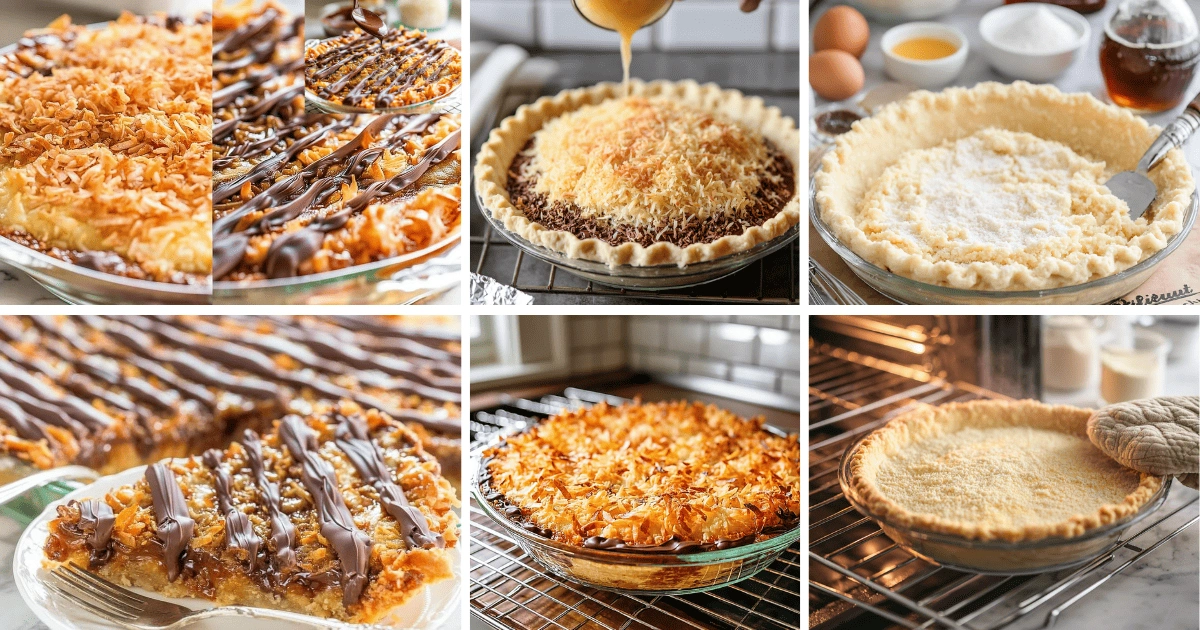 Samoas Cookie Pie – Best Gooey Caramel Coconut Dessert (2025) 8 Step-by-step Samoas Cookie Pie process showing crust preparation, layering coconut, caramel drizzle, baking, and final chocolate drizzle