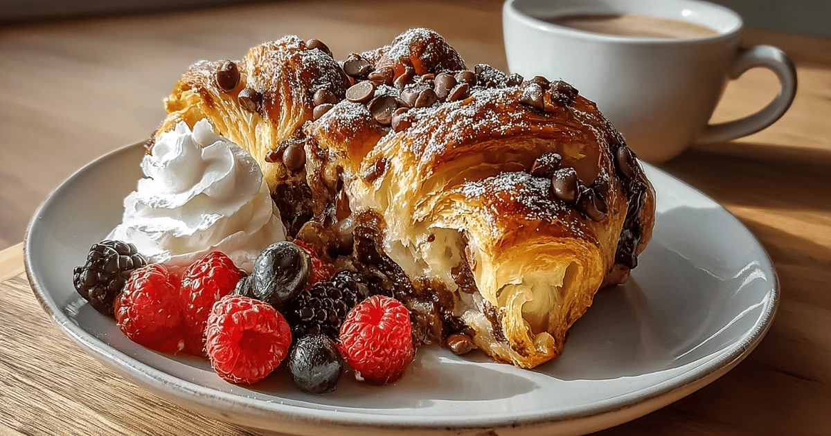 Slice of Easy Chocolate Croissant Bake served with whipped cream, fresh berries, and coffee on a white plate