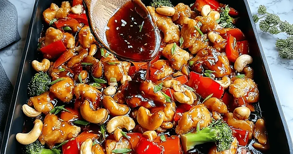 A wooden spoon drizzling glossy sauce over sheet pan cashew chicken with broccoli, bell peppers, and cashews