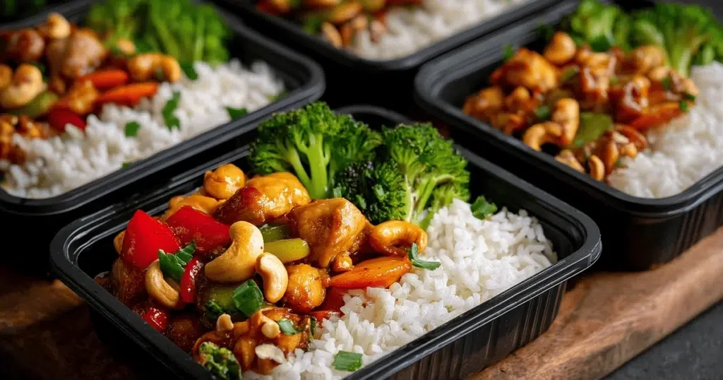 Meal prep containers filled with sheet pan cashew chicken, broccoli, and steamed rice for easy storage and reheating