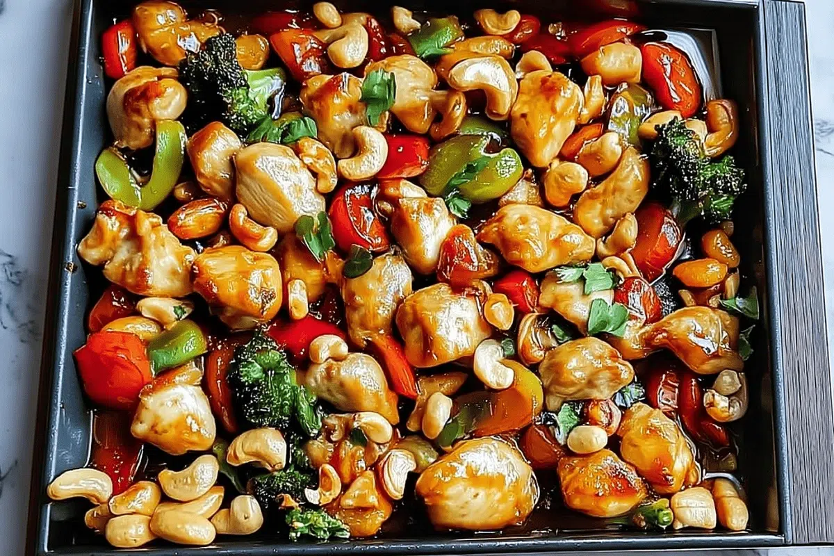 Sheet pan cashew chicken with roasted vegetables and cashews in glossy sauce on baking tray