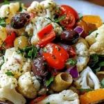Sicilian Cauliflower Salad with cherry tomatoes, olives, citrus, and fresh herbs in a bowl