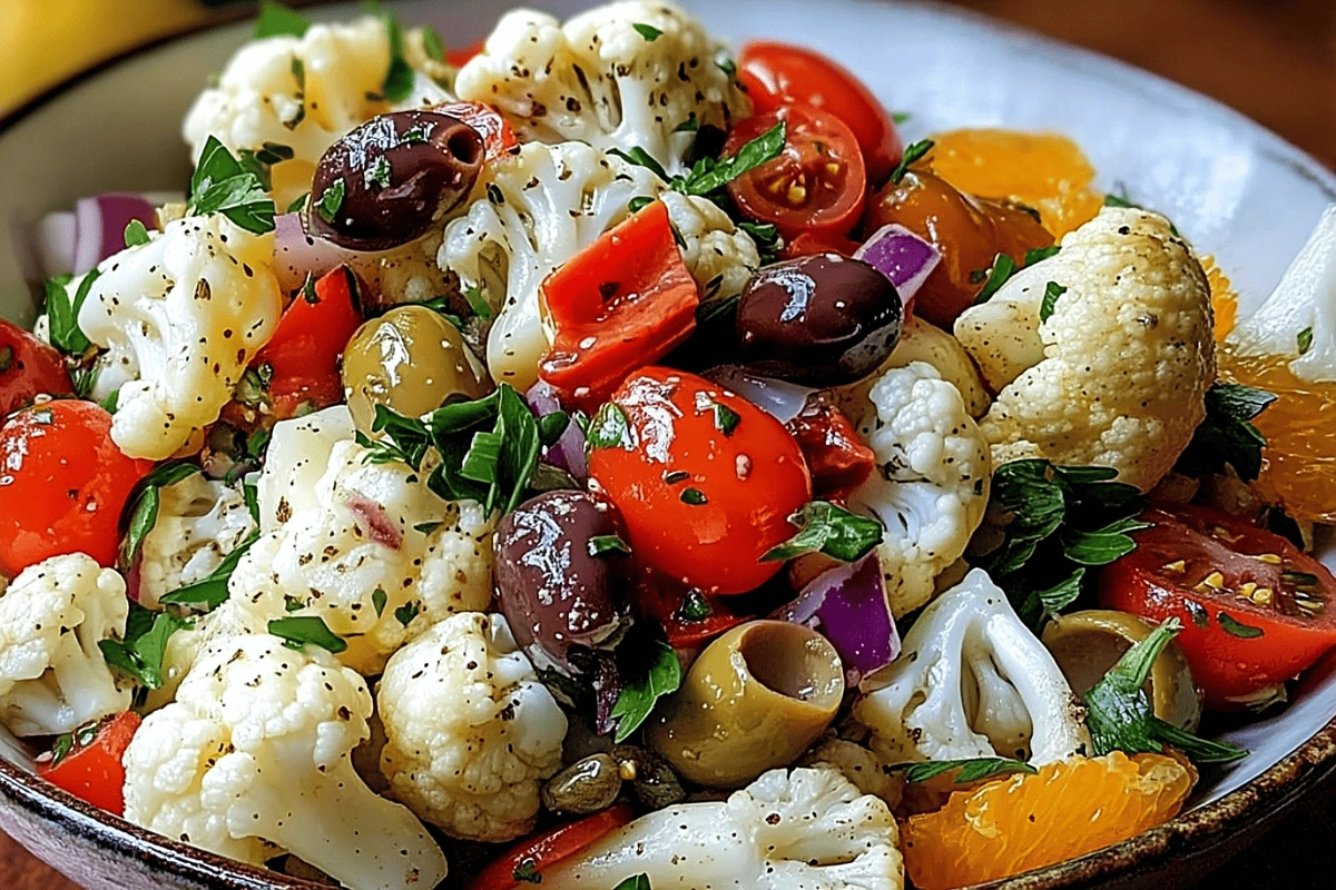 Sicilian Cauliflower Salad with cherry tomatoes, olives, citrus, and fresh herbs in a bowl