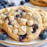 Soft blueberry white chocolate chip cookies on a white plate with fresh berries