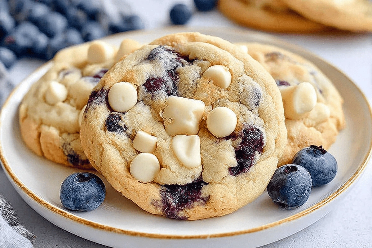 Soft blueberry white chocolate chip cookies on a white plate with fresh berries