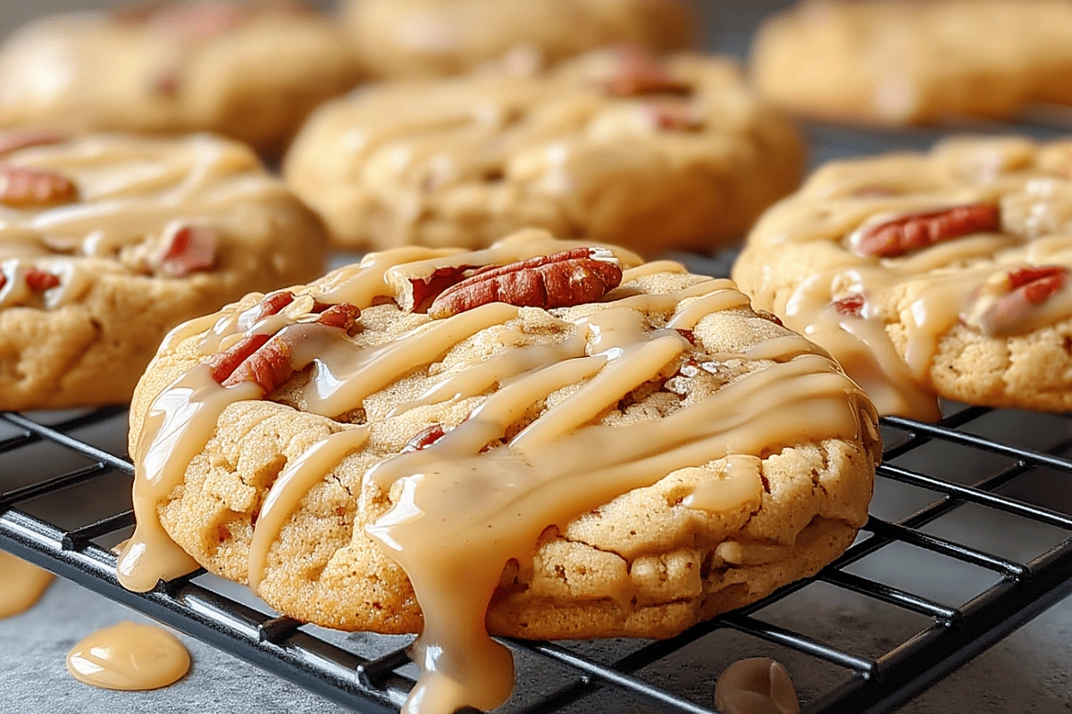 Soft maple brown sugar cookies topped with pecans and drizzled with maple glaze