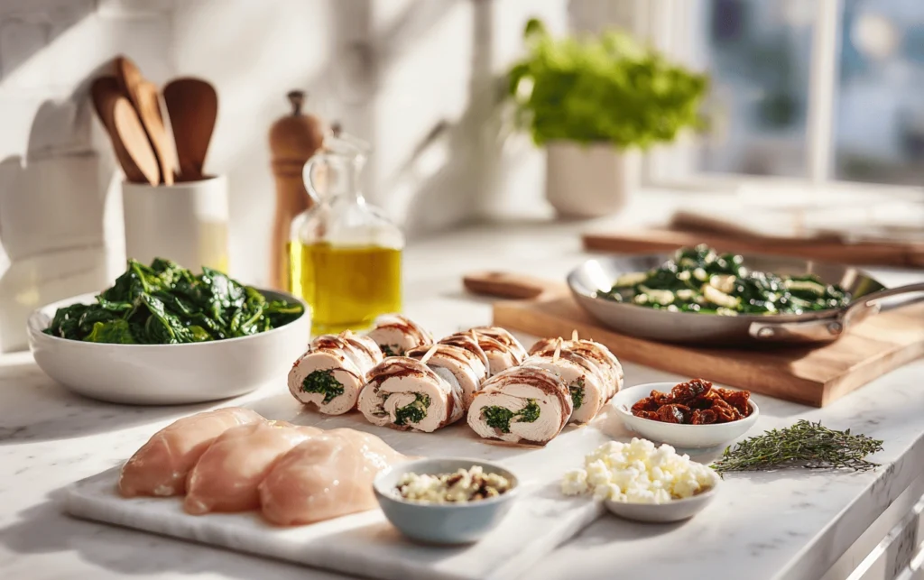 Spinach and feta chicken rollups being assembled with fresh spinach, raw chicken, feta, sun-dried tomatoes, and olive oil in a bright kitchen