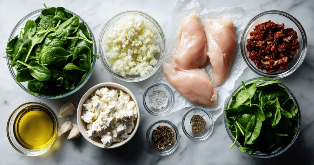 Ingredients for spinach and feta chicken rollups including raw chicken breasts, fresh spinach, feta, sun-dried tomatoes, onion, garlic, and spices