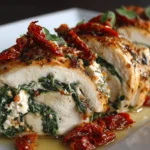 Golden baked spinach and feta chicken rollups stuffed with fresh spinach and sun-dried tomatoes