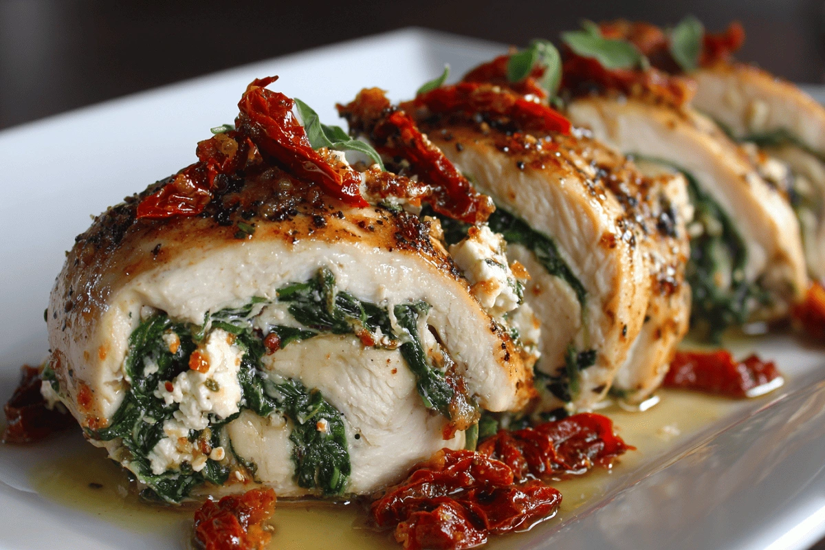 Golden baked spinach and feta chicken rollups stuffed with fresh spinach and sun-dried tomatoes
