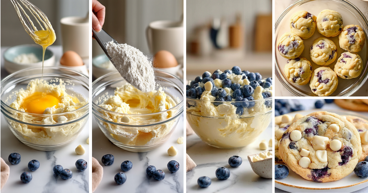 Step-by-step process of making blueberry white chocolate chip cookies from mixing ingredients to baked cookies