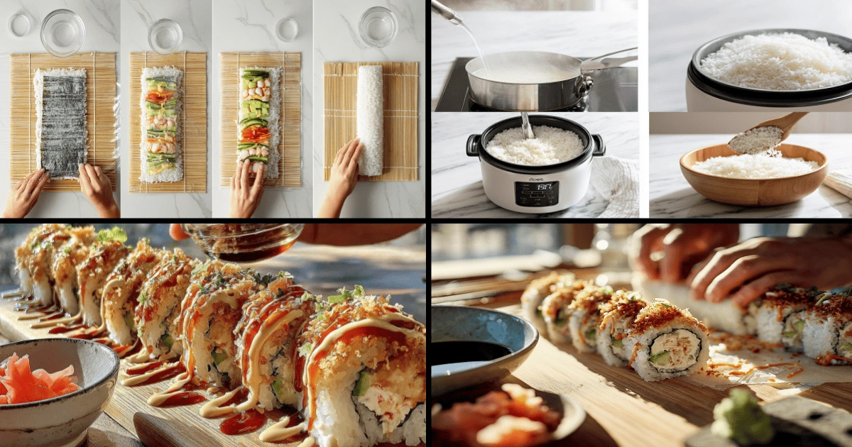 Step-by-step images showing how to make homemade California Crunch Roll Sushi, from rice prep to rolling and topping