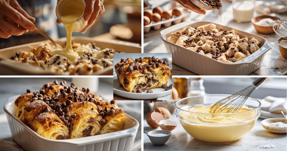 Step-by-step collage of assembling Easy Chocolate Croissant Bake with custard pouring, layering croissants, whisking eggs, and final baked result