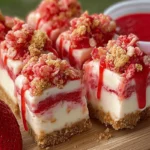 Strawberry crunch cheesecake chunks topped with pink crumble and strawberry drizzle on graham cracker crust