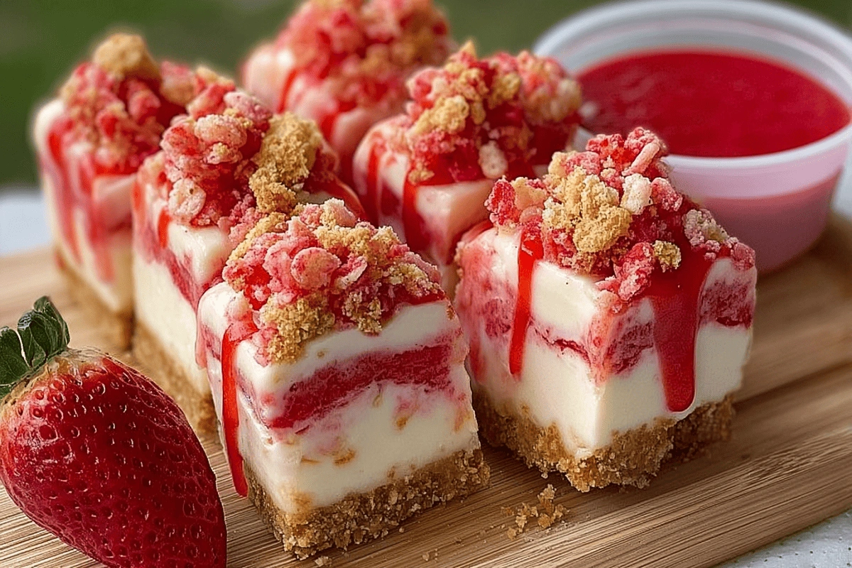 Strawberry crunch cheesecake chunks topped with pink crumble and strawberry drizzle on graham cracker crust